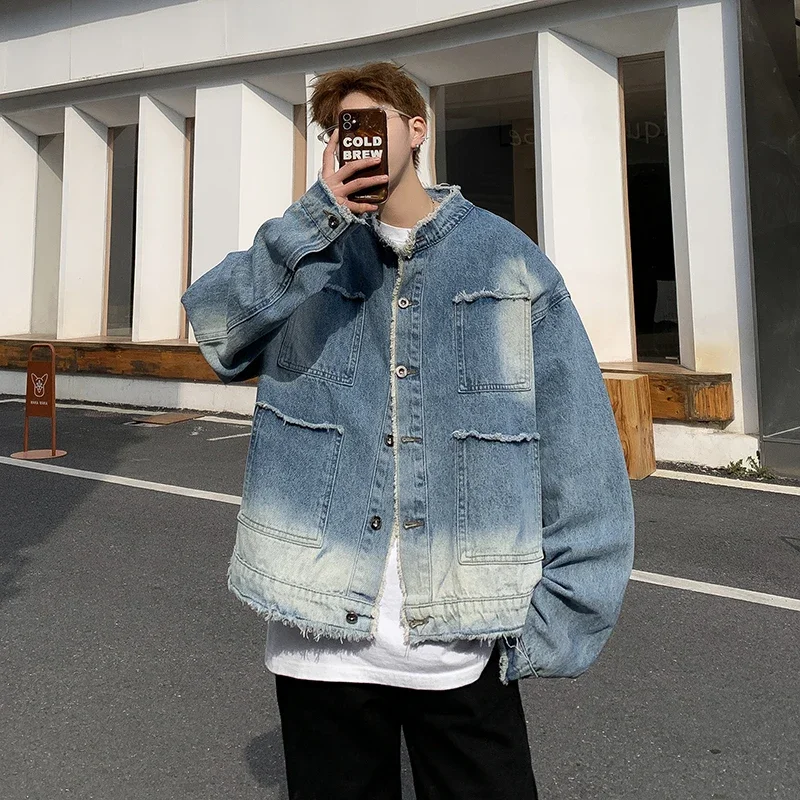 Mens Fashion Denim Jacket - Amerikaanse Retro Hip Pop Raw Edge