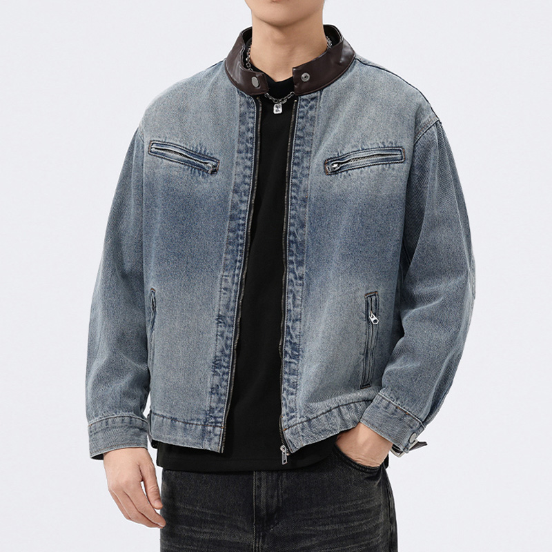 Mens Fashion Denim Jacket - Stand Leren Kraag Denim Jas Heren