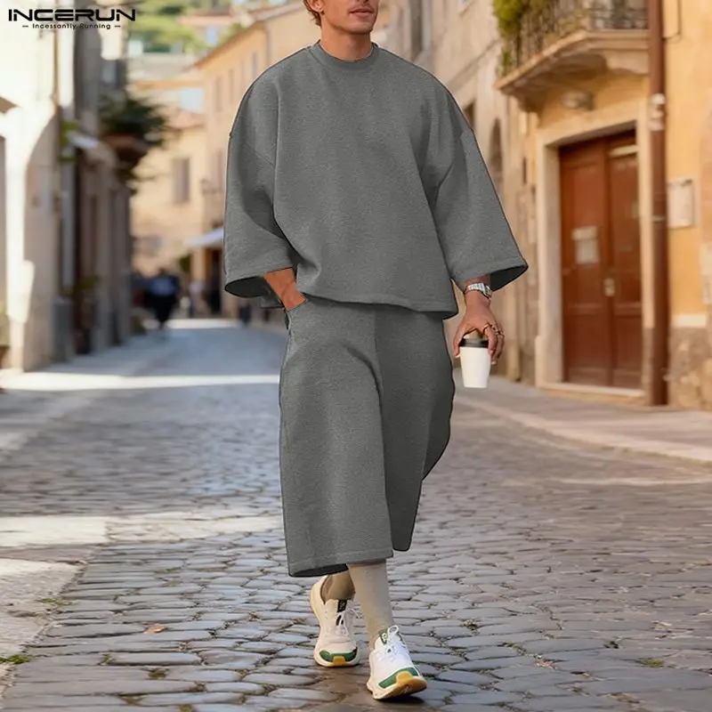 Mens Fashion Style - INCERUN Mannen Sets Effen Kleur Baggy