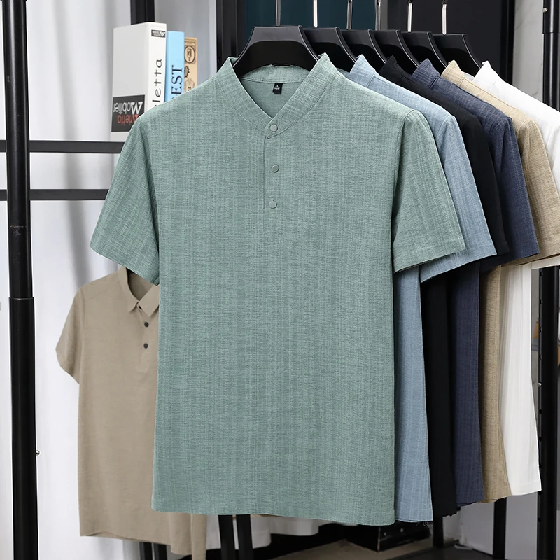 Linen Shirt Summer - Heren overhemden met mandarijnkraag, halve knoopsluiting,