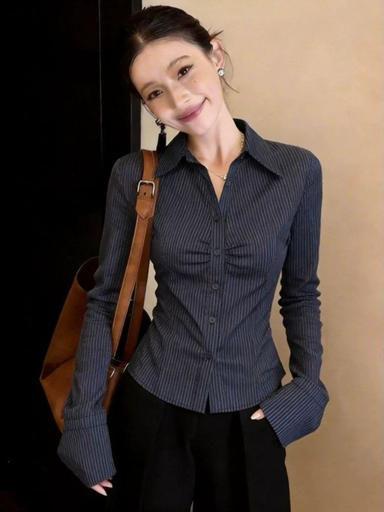 Polo Shirt Slim - Marineblauw gestreept blouse met lange mouwen