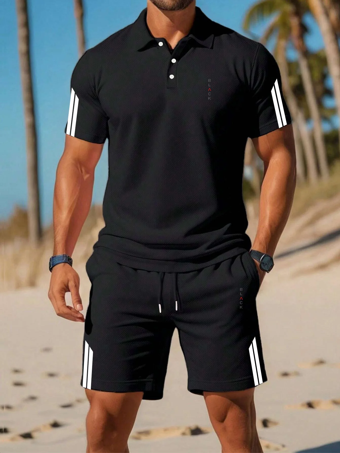 Polo Shirt Slim - Nieuwe zomerse herenpoloshirtset, eenvoudige geometrische lijnenprint,