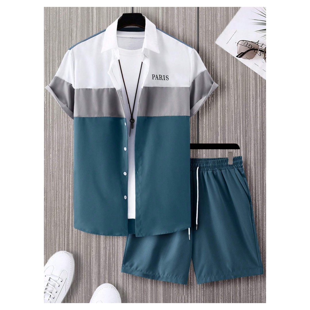 Mens Fashion Wear - Herenmodepak Blauw en wit patchwork-kleurig enkelrijig