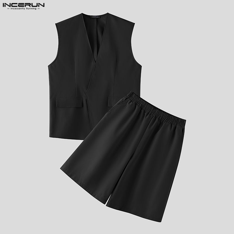 Mens Fashion Summer - INCERUN Herensets Effen Kleur V-hals Mouwloze