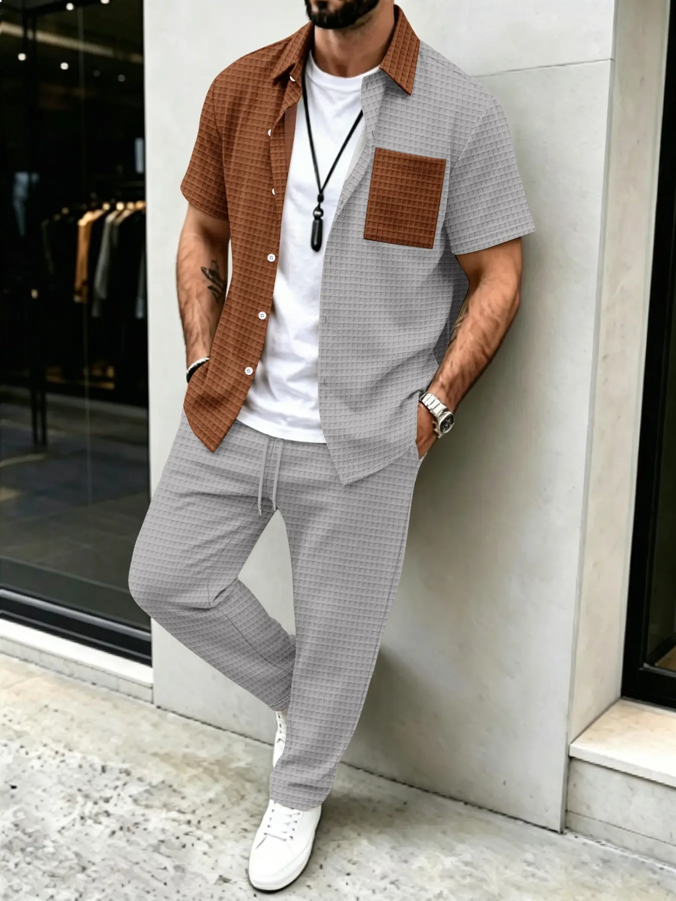Heren casual set met effen waf - Mens Fashion Wear recensie en prijs