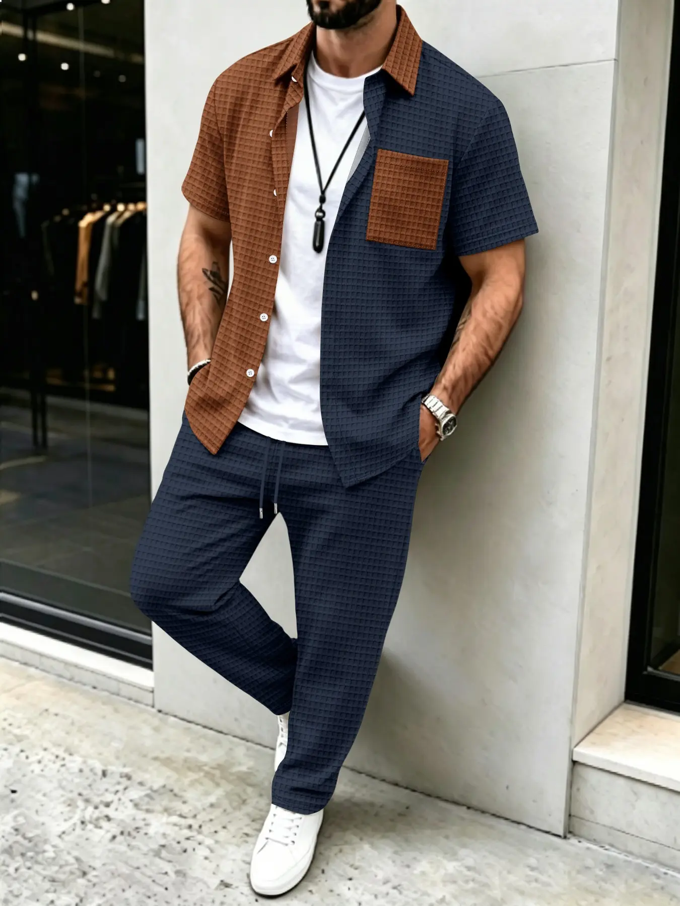 Heren casual set met effen waf - Mens Fashion Wear recensie en prijs