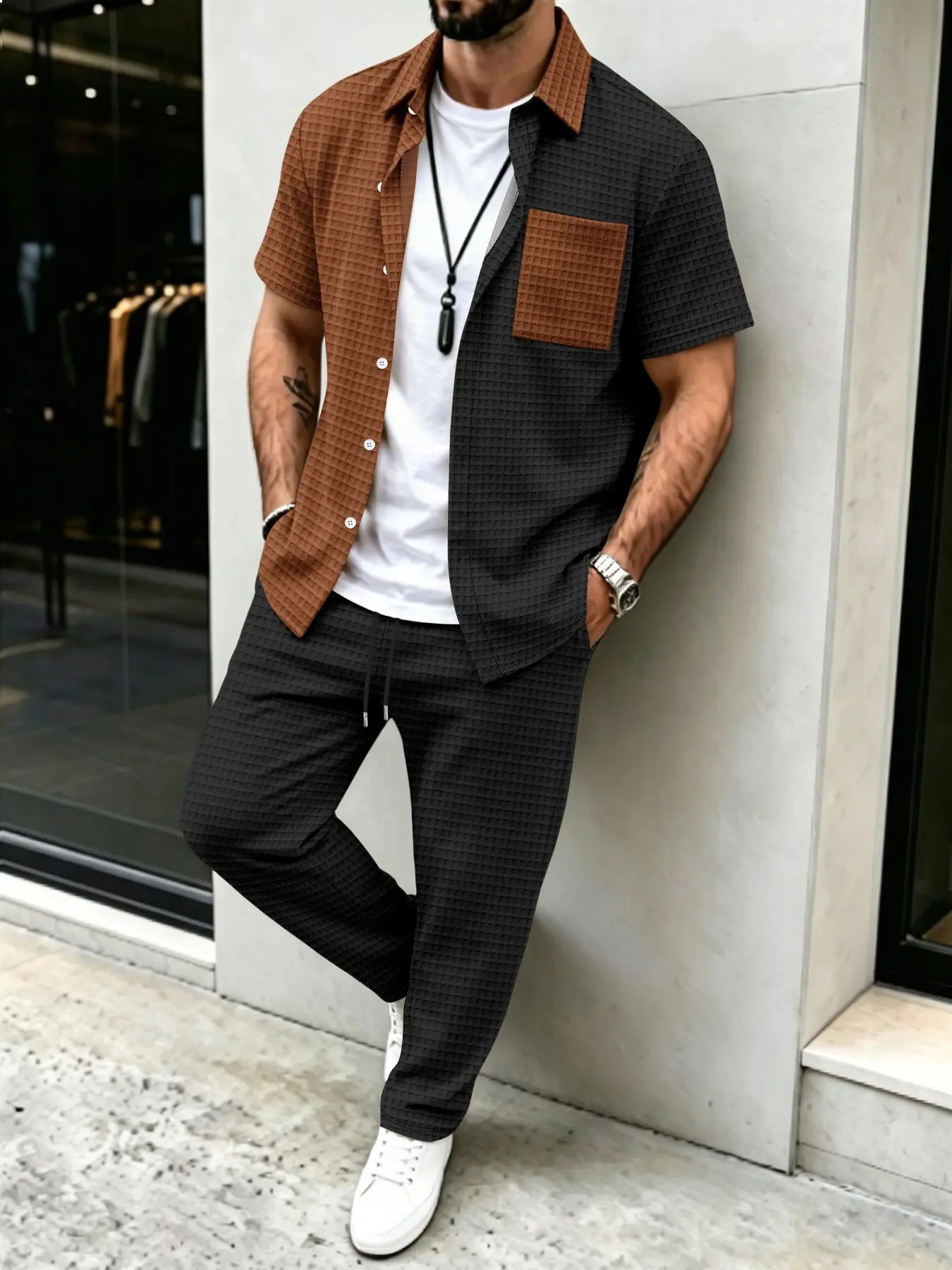 Heren casual set met effen waf - Mens Fashion Wear recensie en prijs
