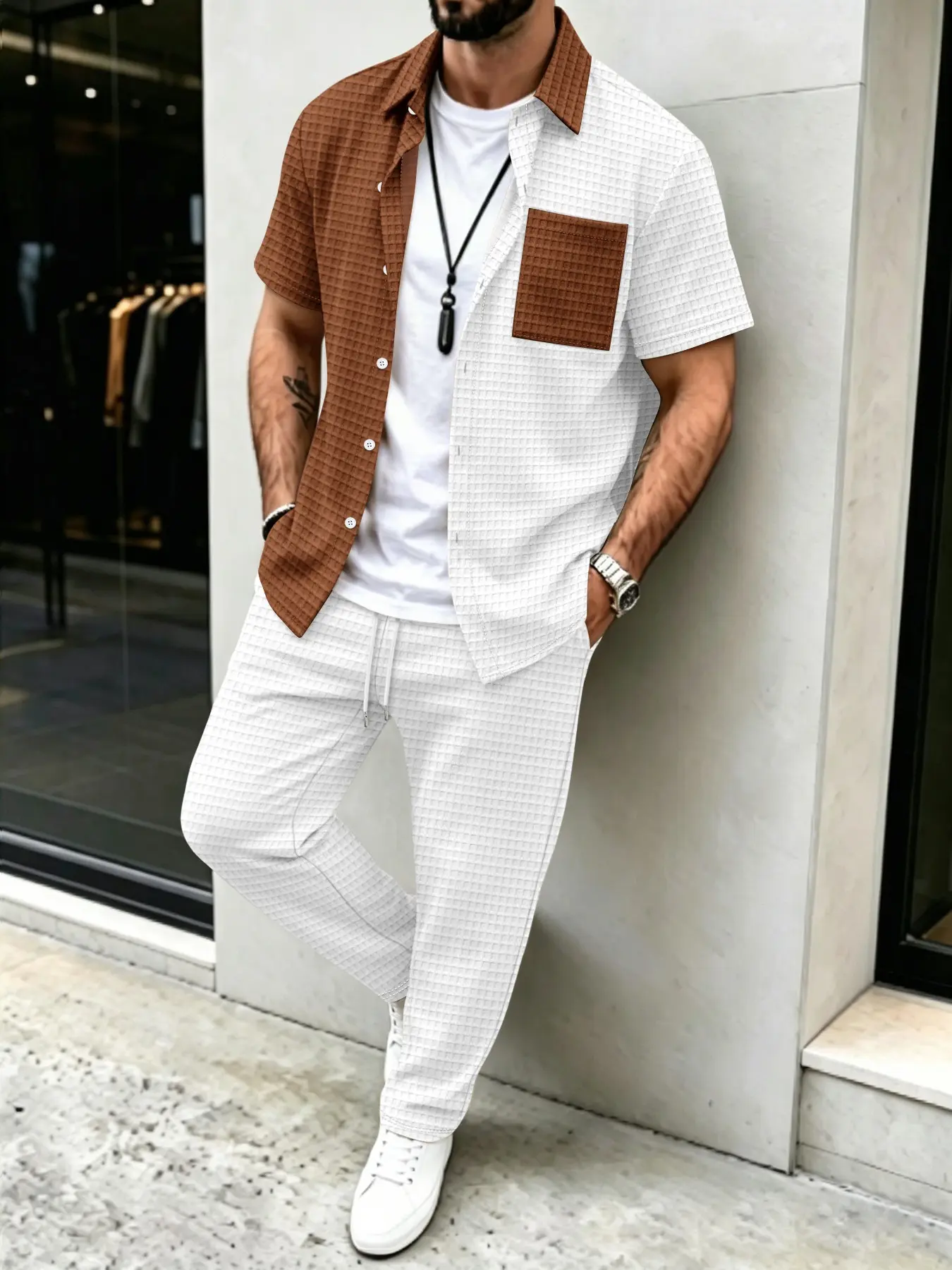 Heren casual set met effen waf - Mens Fashion Wear recensie en prijs