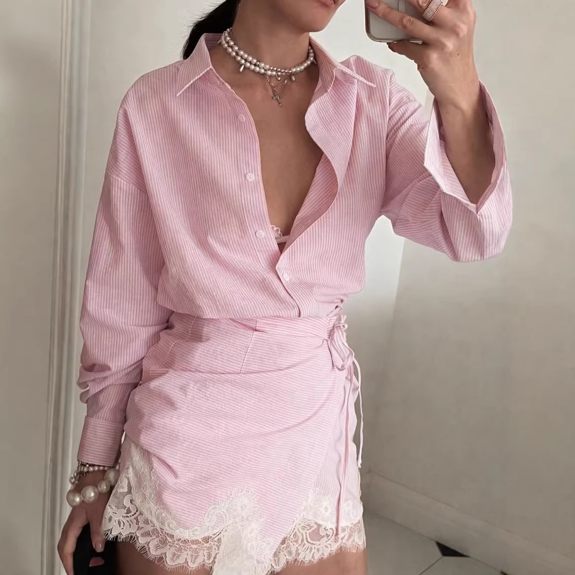 Dames kant gestreepte lange mo - Polo Shirt Slim recensie en prijs